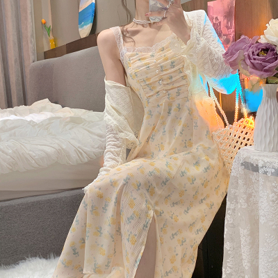 实拍实价韩版夏季新款连衣裙设计感开叉收腰碎花裙蕾丝百搭开衫仙