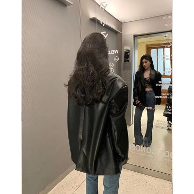 春秋街头酷辣皮衣西装外套女宽松oversize夹克西服PU皮气质机车服