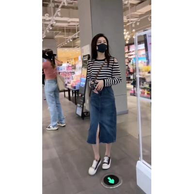 2023早春高品质路肩长袖针织T恤女新款韩版宽松上衣+牛仔半身裙套