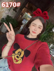 韩版减龄红色卡通米奇短袖毛衣女2023春季新款撞色圆领甜美针织衫