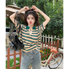 批发实拍 大码女装夏季胖mm条纹<b class='q'>针织衫</b>polo领短袖T恤<b class='q'>短款</b>胖妹妹上衣