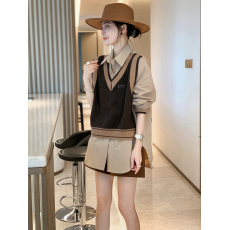 卡其色假两件衬衫女休闲宽松大码长袖针织上衣秋季2026年春秋新款