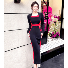 批发实拍2026春秋季新款网红撞色方领紧身长<b class='q'>裙</b><b class='q'>包臀</b>连衣<b class='q'>裙</b>