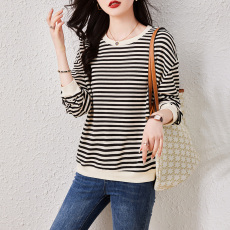 批发实拍 减龄学院风2026春季条纹显瘦宽松大码卫衣胖妹妹t恤小衫