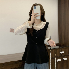 实拍#2023春季新款木耳边撞色拼接假两件显瘦遮肚上衣大码女装