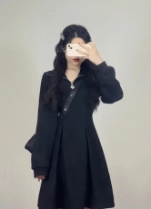 春装学院风黑色收腰连衣裙盐系轻熟甜辣风少女穿搭茶歇法式公主裙