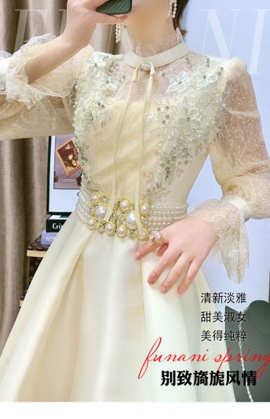 RM4424#法式小个 显瘦刺绣重工蕾丝长袖钉珠连衣裙女潮