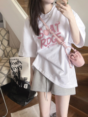 200克精梳纯棉后包领纯棉宽松印花短袖t恤女