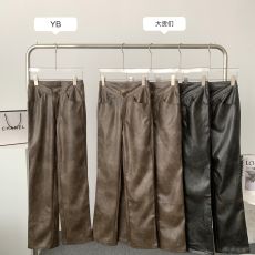 早安樊樊v字腰头气质黑巧皮裤女秋冬新款高腰直筒百搭显瘦休闲裤