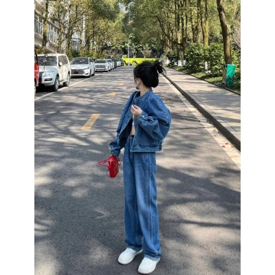 早春时尚洋气港味复古牛仔套装女韩版小个子牛仔裤牛仔外套两件套