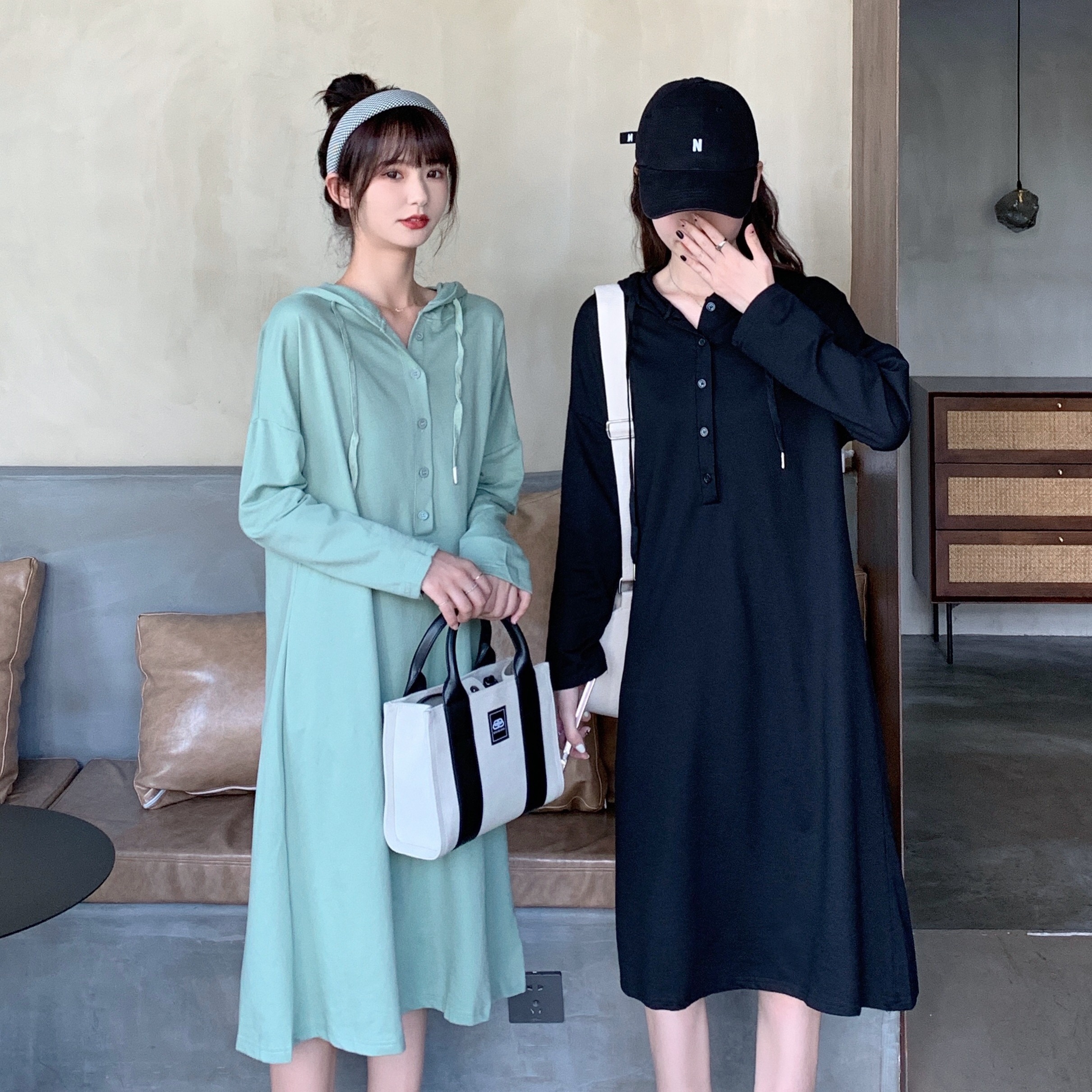PF29245#中长卫衣宽松连帽慵懒风学生大码连衣裙女裝貨源服裝批發