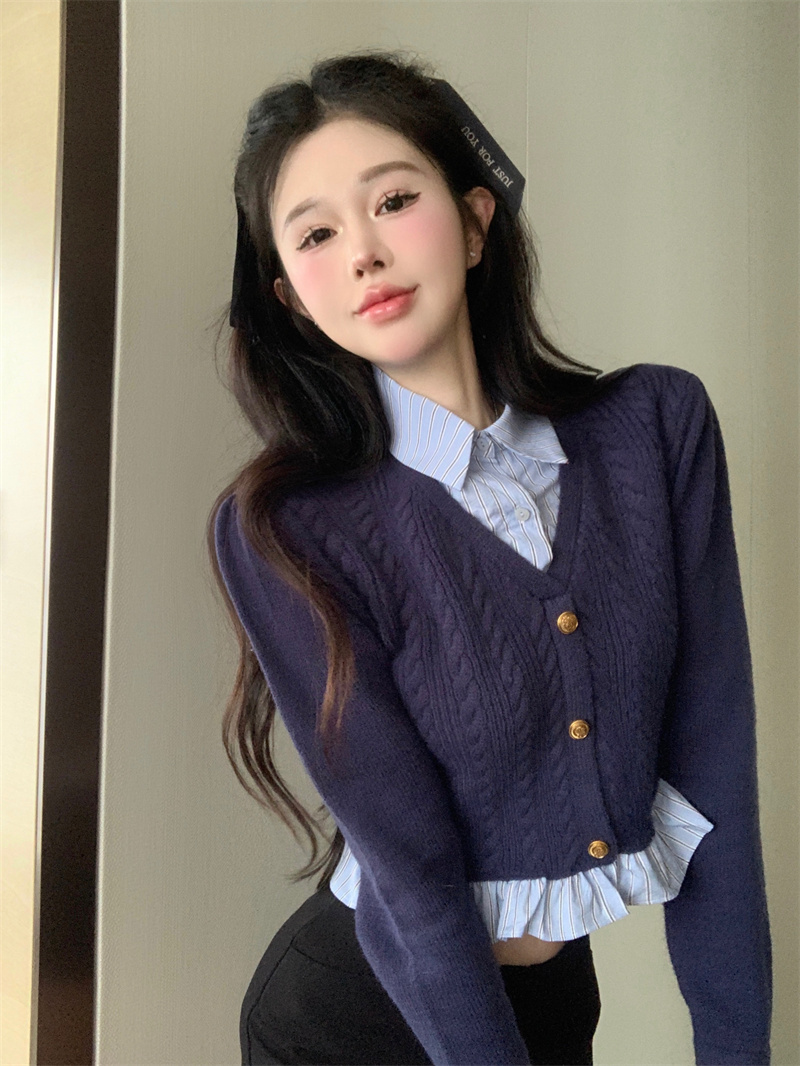 返校學姐假兩件麻花針織衫女設計感毛衣拼接襯衫上衣實拍
