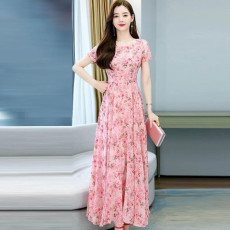 批发时尚圆领百搭短袖连衣裙女2026年夏季新款气质收腰显瘦沙滩长裙子