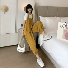 批发实拍背带裤女韩版宽松夏季新款小个子束脚休闲九分阔腿<b class='q'>哈伦裤</b>套装