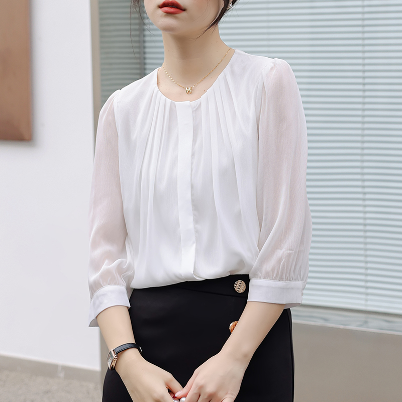 패션 라운드 넥 화이트 쉬폰 여성 셔츠 2026 봄 가을 다용도 셔츠 오픈 가디건 품격 출퇴근 7부 소매 맨위