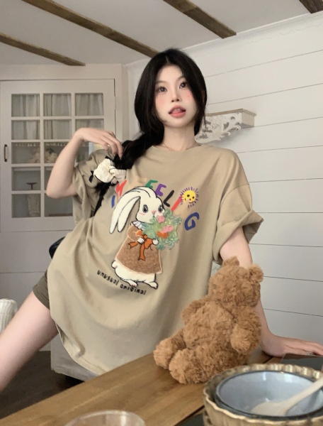 RM8512#卡通小兔重工刺绣高级设计感短袖T恤女宽松圆领上衣