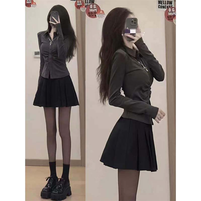 이른 봄 빅 사이즈 핫걸 차 부서 착용 가져 가라. 전체 집합 우유 부서 작은 샤넬 스타일 미니 스커트 플리츠 스커트 점프 슈트 치마 세트 여성