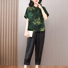 批发2023<b class='q'>春</b>夏新款桑蚕丝衬衫香云纱上衣花罗哈伦裤两件套香云纱套装