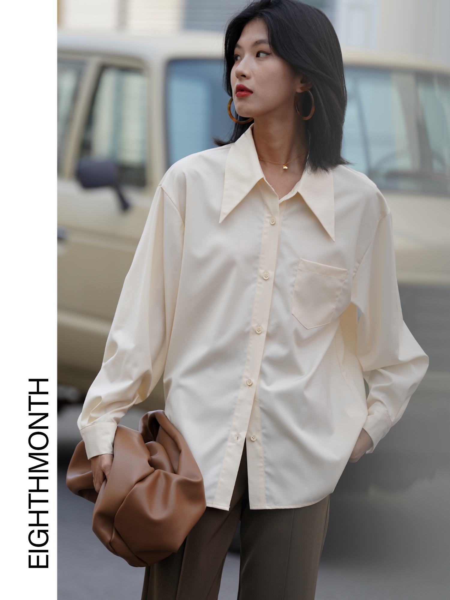 EM August long-sleeved shirt women's spring and autumn new top French retro fashion temperament design niche shirt