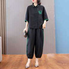 批发2023<b class='q'>春</b>夏新款刺绣香云纱套装女真丝短上衣长裤新款妈妈装两件套