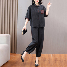 批发2025春夏新款刺绣香云纱套装女真丝短上衣长裤新款妈妈装两件套