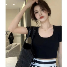 批发已出货 罗纹 短款T恤U领辣妹上衣<b class='q'>韩版</b>ins高腰修身<b class='q'>打底衫</b>