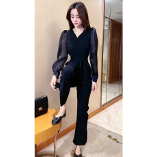 官图 名媛风绑带设计感V领连体裤女中长款显瘦气质阔腿裤长裤潮