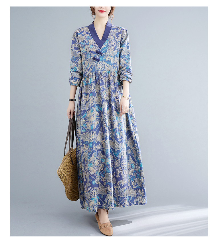 실사 2026 새로운 봄 레트로 문예 패치워크 단추 치파오 루즈핏 개선 외국 가스 면 린넨 드레스