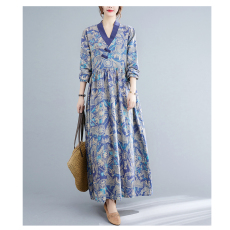 批发实拍2025新款秋装复古文艺拼接盘扣<b class='q'>旗袍</b>宽松改良洋气棉麻连衣裙