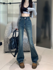 实拍 大码女装胖mm弹力高腰毛边设计甜酷辣妹微喇牛仔裤马蹄长裤