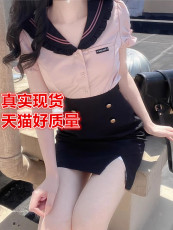 夏纯欲辣妹jk制服套装设计感开叉性感包臀裙+海军领粉色短袖衬衫