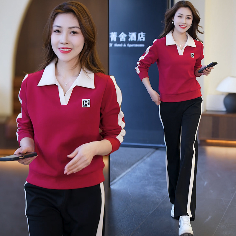 캐주얼 세트 여성 투피스 세트 2026 년 봄 가을 새로운 외국 가스 운동 미니멀리즘 폴로 칼라 후드티 웨이 바지
