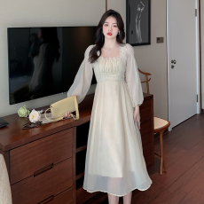 实拍 现货 茶歇法式方领宫廷风连衣裙女2023春秋新款桔梗仙女长裙