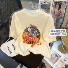 实拍春季新款韩版卡通兔八哥双织套头毛衣女短袖针织衫ins