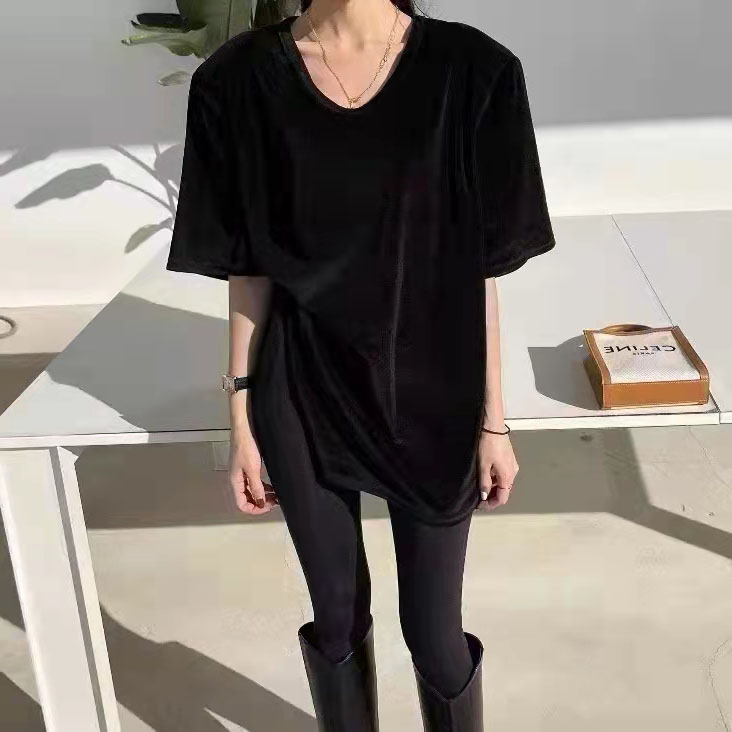 동대문 V넥 어깨 패드 트임 루즈핏 만나는 벨벳 반팔 티셔츠 맨위 여성