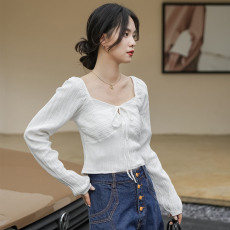 批发实拍 春秋季新款褶皱泡泡袖系带复古短款长袖<b class='q'>上衣</b>