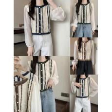 批发春季新款法式复古镂空蕾丝拼接长袖雪纺衬衫设计感短款<b class='q'>上衣</b>女