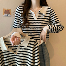 批发实拍实价包芯纱翻领毛衣女<b class='q'>秋</b>冬2025设计感短款条纹保暖上衣针织衫