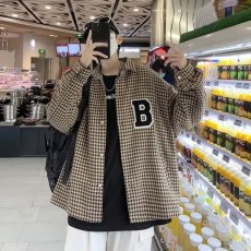 批发千鸟格衬衫式外套男春秋设计感小众高级感夹克ins潮牌痞帅气衣服