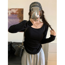 批发实拍~三标齐~方领纯色白色黑色打底衫修身短款长袖T恤纯欲上衣女