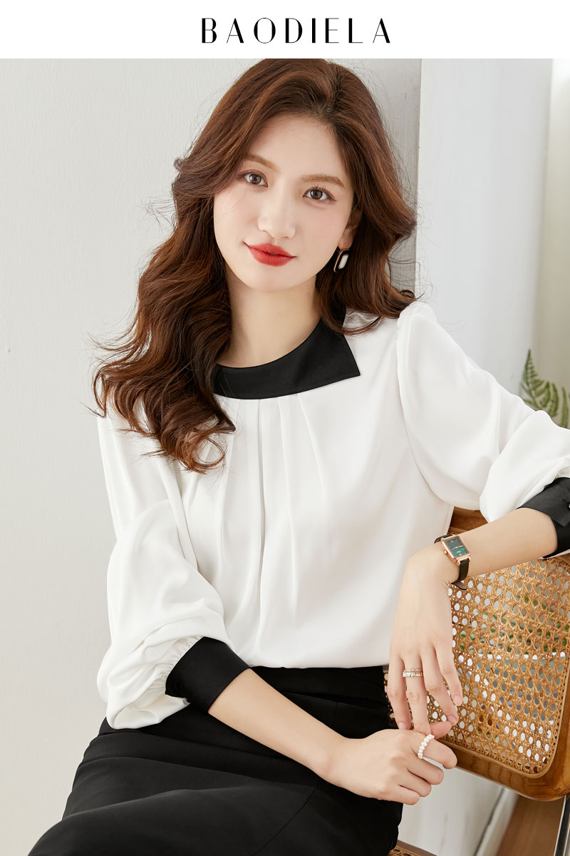 2024春裝新款長袖娃娃領雪紡衫女上衣洋氣小衫打底衫寬鬆顯瘦大碼