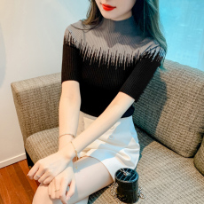 实拍！现货！有大图有视频！2023春夏撞色T恤针织衫五分袖毛衣女