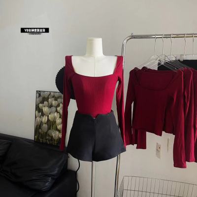红色方领针织衫女春季2023修身显瘦打底毛衣内搭外穿上衣潮