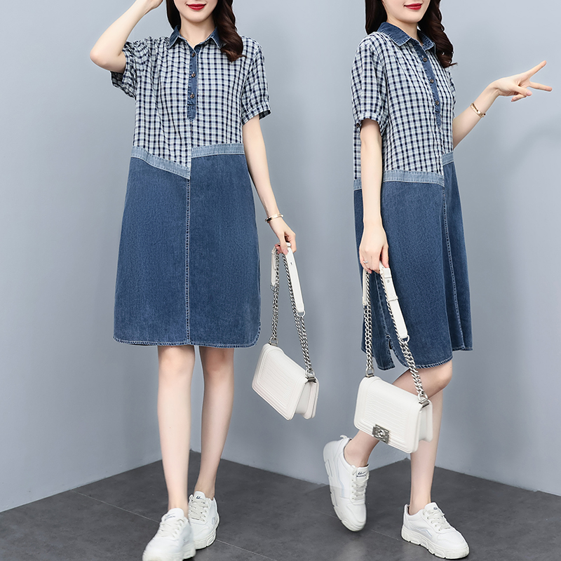 MY785# 休闲大码女装新款胖妹妹宽松显瘦时尚格子拼接牛仔连衣裙女裝貨源服裝批發