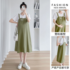 批发实拍孕妇装夏季新款背带裙假两件纯棉短袖T恤长裙宽松大码<b class='q'>连衣裙</b>