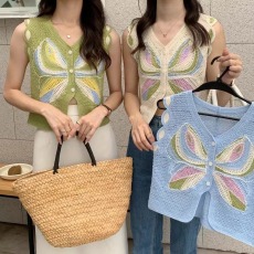 2023春夏复古多彩刺花针织衫马甲背心女外搭无袖v领马夹