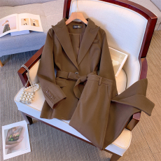 批发2025秋冬女高端气质<b class='q'>西装</b>裤套装系带毛呢<b class='q'>修身</b>显瘦<b class='q'>西装</b>外套两件套