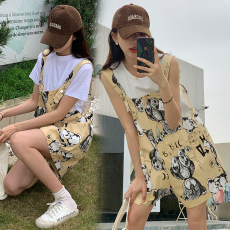 现货实拍夏装卡通孕妇背带裤阔腿短裤纯棉背心上衣短袖孕妇套装夏