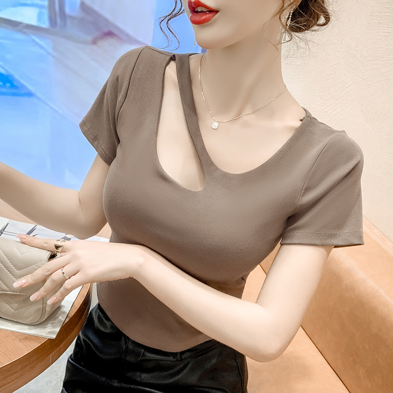 LN37222# 设计感小众镂空性感短袖T恤女夏季新款修身显瘦短款上衣 服裝批發女裝批發服飾貨源
