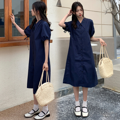 实拍现货夏装孕妇裙子新款纯色短袖中长款孕妇连衣裙淑女风衬衫裙